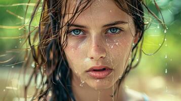 bellissimo giovane donna con bagnato capelli guardare foto