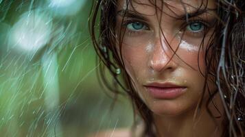 bellissimo giovane donna con bagnato capelli guardare foto