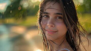 bellissimo giovane donna con bagnato capelli guardare foto