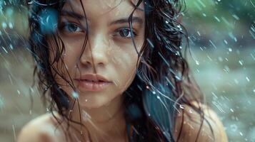 bellissimo giovane donna con bagnato capelli guardare foto