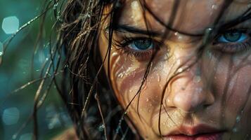 bellissimo giovane donna con bagnato capelli guardare foto