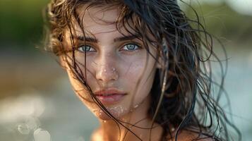 bellissimo giovane donna con bagnato capelli guardare foto