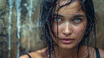 bellissimo giovane donna con bagnato capelli guardare foto