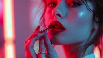 bellezza concetto donna l'applicazione rosso rossetto foto