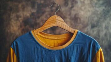 blu e giallo t camicia su di legno appendiabiti foto