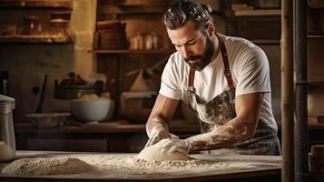 panettiere impasta il Impasto per pane o torta. opera nel forno. ritratto di adulto uomo con barba nel piccolo attività commerciale. foto