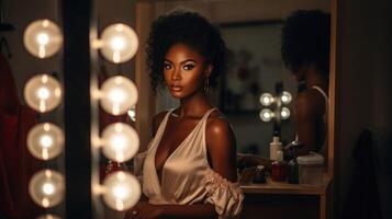 bellissimo ragazza nel davanti di trucco specchio. africano americano attrice e modello nel condimento camera. donna nel sera vestito preparazione per prestazione. foto