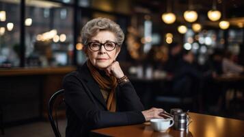 anziano donna seduta nel bar. nonna nel sera caffè negozio. più vecchio persona nel ristorante seduta a tavolo di finestra. foto