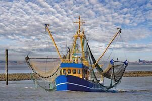 gamberetto barca nel Neuharlingersiel a nord mare nel est Frisia, inferiore sassonia, germania foto