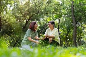 vecchio asiatico donne e figlia aderire come volontari per rimboschimento, terra conservazione attività per ridurre globale riscaldamento crescita caratteristica e prendere cura natura terra. ambiente concetto foto