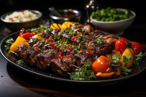 un' piatto di carne su spiedini con verdure foto