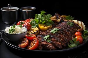 un' piatto di carne su spiedini con verdure foto