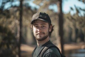 casuale giovane uomo all'aperto con un' rilassato Sorridi e naturale sfondo. ai-generato foto