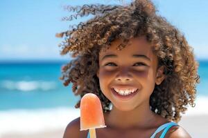 ritratto di un' sorridente africano americano ragazza mangiare un' ghiacciolo ghiaccio crema su caldo estate giorno a il spiaggia foto