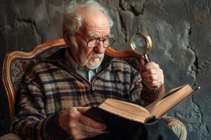 un anziano uomo seduta nel un' sedia legge un' libro e detiene un' ingrandimento bicchiere nel il suo mani foto
