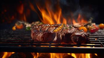 grigliato carne bistecca su inossidabile griglia deposito con fiamme. neurale Rete foto