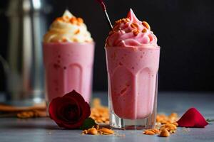 dolce con fragole e vinella ghiaccio crema e cremoso latte e rosa sciroppo foto