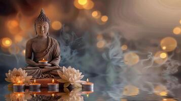 sereno Budda statua con loto fiori e candele. Vesak bandiera con copia spazio. foto
