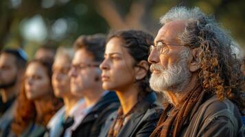 ebraico persone in piedi solennemente durante un' momento di silenzio su israeliano yom hazikaron. foto