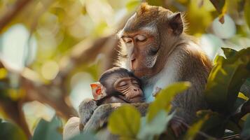 madre scimmia cullare addormentato bambino nel sua braccia. materno cura, La madre di giorno bandiera foto