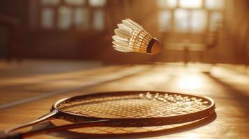 un' badminton racchetta a fianco un' piuma volano, posto su un' Tribunale pavimento. estate olimpico Giochi foto