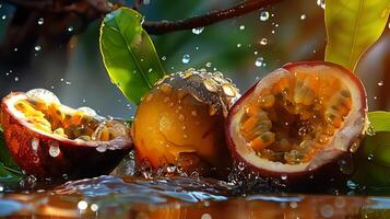 fresco passione frutta con rugiada gocce, affettato Aperto e bagnata nel luce del sole. tropicale frutta, estate vibrazione foto