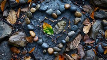 cuore fatto a partire dal pietre, verde foglie, e ramoscelli. amore per ambiente, terra giorno. foto