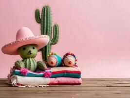 messicano copia spazio sfondo con carino cactus indossare sombrero cappello nel rosa pastello parete per cinco de mayo concetto. foto