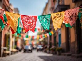 Basso angolo tiro di messicano pavese carta bandiera a cinco de mayo Festival. un' strada mercato pieno con colorato bandiere e tradizionale lanterne durante un' cinco de mayo celebrazione. foto