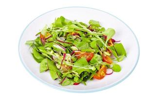 insalata di foglie giovani di barbabietola, ciliegia, ravanello e semi di zucca. foto