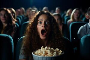 un' donna seduto nel un' film Teatro, Tenere un' secchio di Popcorn come lei gode il film. foto