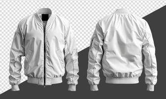 pianura bianca bombardiere giacca modello, davanti e indietro Visualizza, isolato su trasparente sfondo, foto
