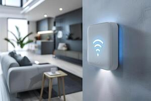 un' Wi-Fi estensore, blu Wi-Fi simbolo, collegato inteligente casa. foto