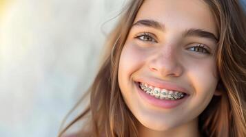 un' sorridente ragazza adolescente con bretelle bocca, vicino su, spazio per testo. il concetto di moderno odontoiatria. foto