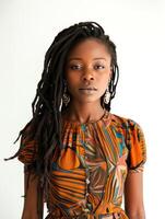 un' giovane africano americano donna con dreadlocks sta nel davanti di un' bianca parete. un' alla moda foto di nero donna nel elegante Abiti isolato su bianca sfondo.