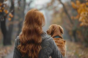 un' donna è a piedi Due cani nel un' parco foto