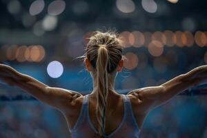 un' donna in esecuzione su un' traccia con il parola campionato su il terra foto