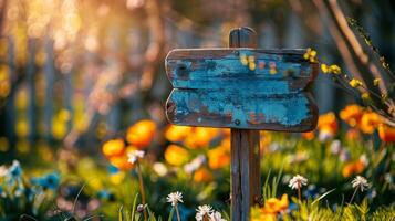 vuoto cartello con il parola primavera scritto su esso è posto nel un' campo di fiori foto