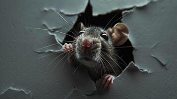 ratto nel il buco di grigio carta, poco roditore striscia su attraverso il mestiere sfondo, divertente animale. foto