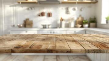 di legno tavolo contro sfocato cucina sfondo per Prodotto mockup e Schermo montaggi su scandinavo stile foto