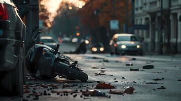 un' scooter stabilisce su il terra dopo essere colpire di un' auto nel un' città strada. strada incidente concetto. foto