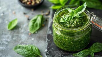 fresco pesto salsa nel un' vaso su un' grigio pietra sfondo foto