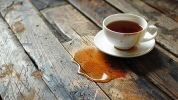 un traboccante tazza di tè rovesciato su il di legno tavolo. foto