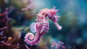 piccolo rosa cavalluccio marino nel su un' sfondo di coralli e alghe foto