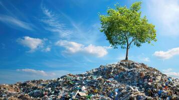 un' giovane albero in crescita a partire dal un' montagna di discarica, domestico rifiuto spazzatura al di sopra di un' blu cielo foto