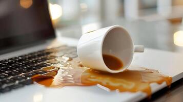 sottosopra giù tazza di caffè rovesciato su il computer portatile foto