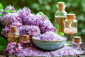 mare sale con lavanda fiore e aroma olio, naturale Salute terme trattamento terapia. foto