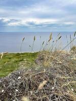 un' sbalorditivo high-angle tiro di un' scogliera lungo il volga fiume banca, con il vasto fiume contro un' panoramico paesaggio foto