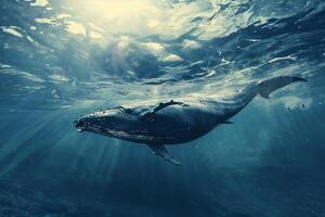 grande balena galleggiante sott'acqua. concetto per mondo oceano giorno. foto