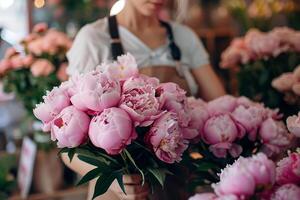 donna fioraio fabbricazione bellissimo mazzo di rosa peonie nel un' fiore negozio. foto